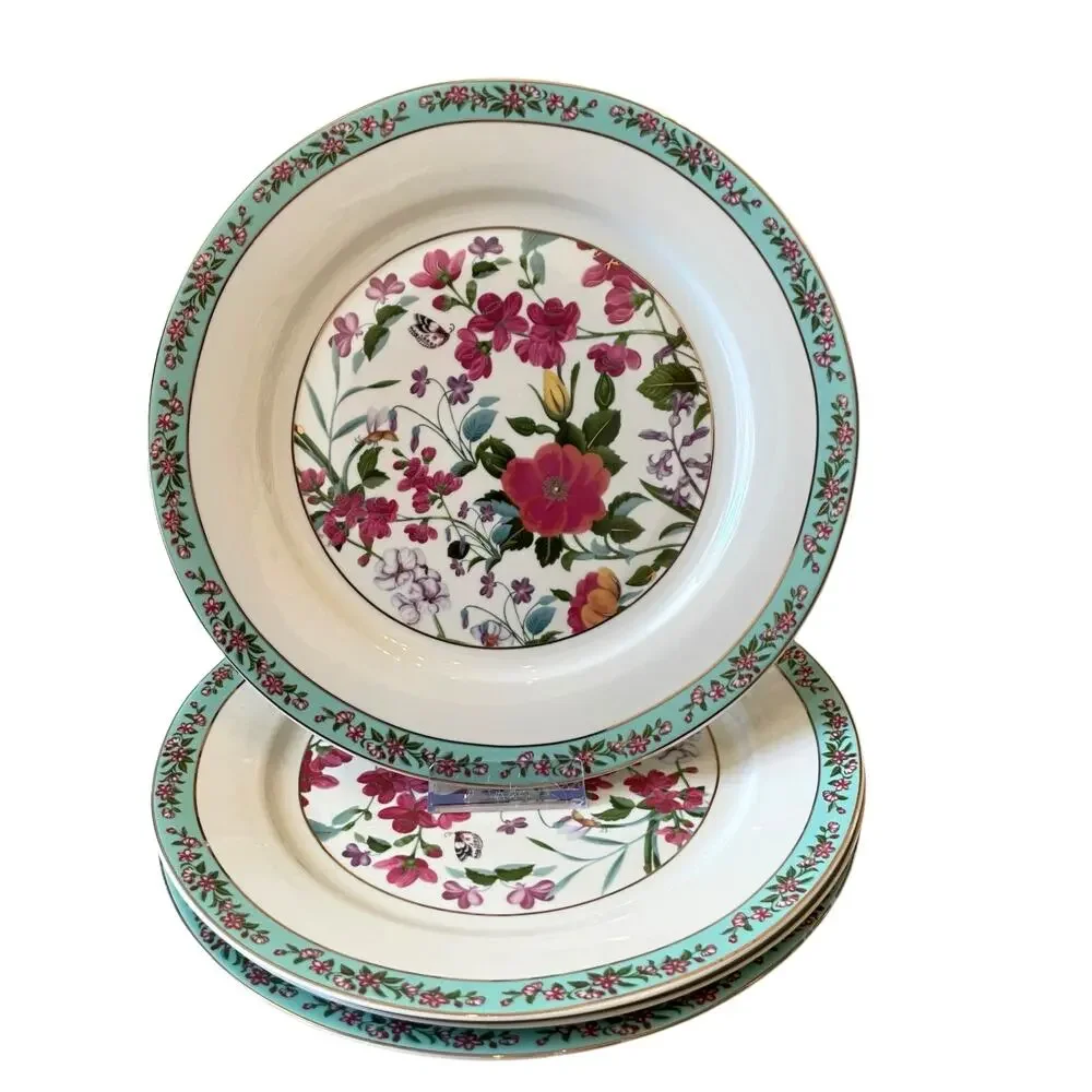 NEW Grace Teaware Fine Porcelain 11in Dinner Plates Aqua Blue Floral Set of 4